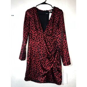 Divided H M Women Black Red Leopard Print Long Sleeve Ruched V Neck Mini Dress 6